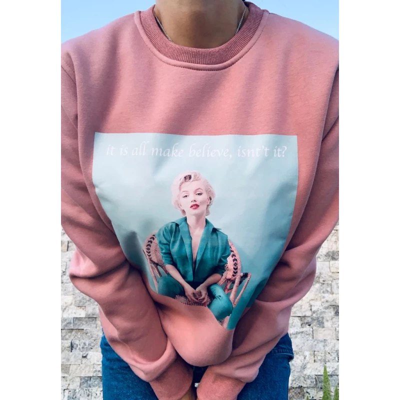 Kadın Sweatshirt Bisiklet Yaka Marilyn Pembe